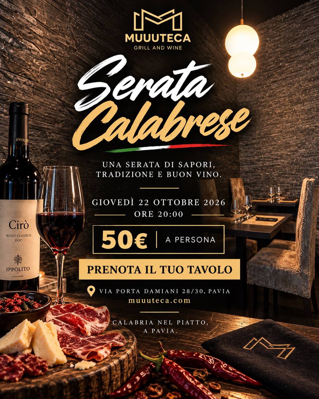 Locandina della Serata Calabrese, giovedì 22 ottobre 2026 alle 20:00, 50 euro a persona