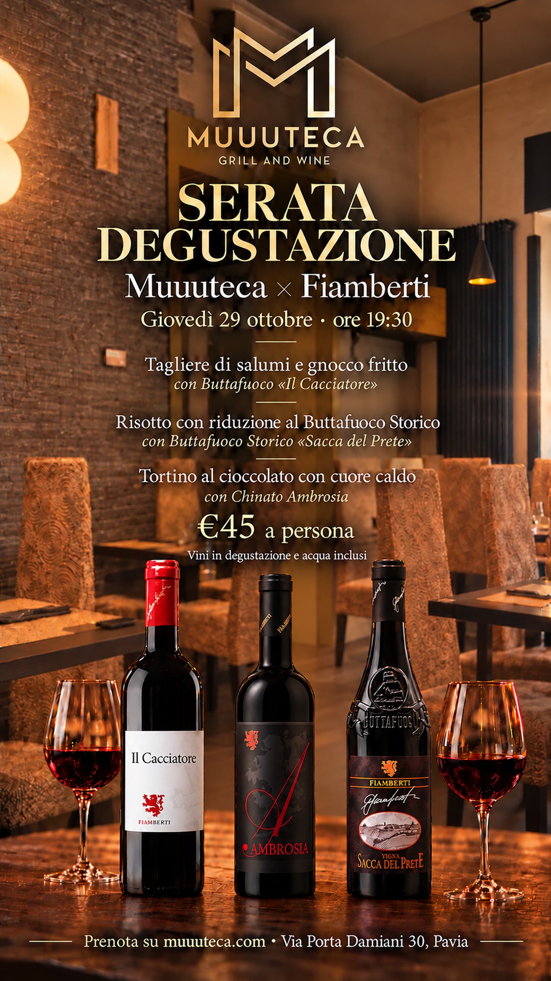 Locandina della serata degustazione Muuuteca x Fiamberti, giovedì 29 ottobre, 50 euro a persona, degustazione vini inclusa